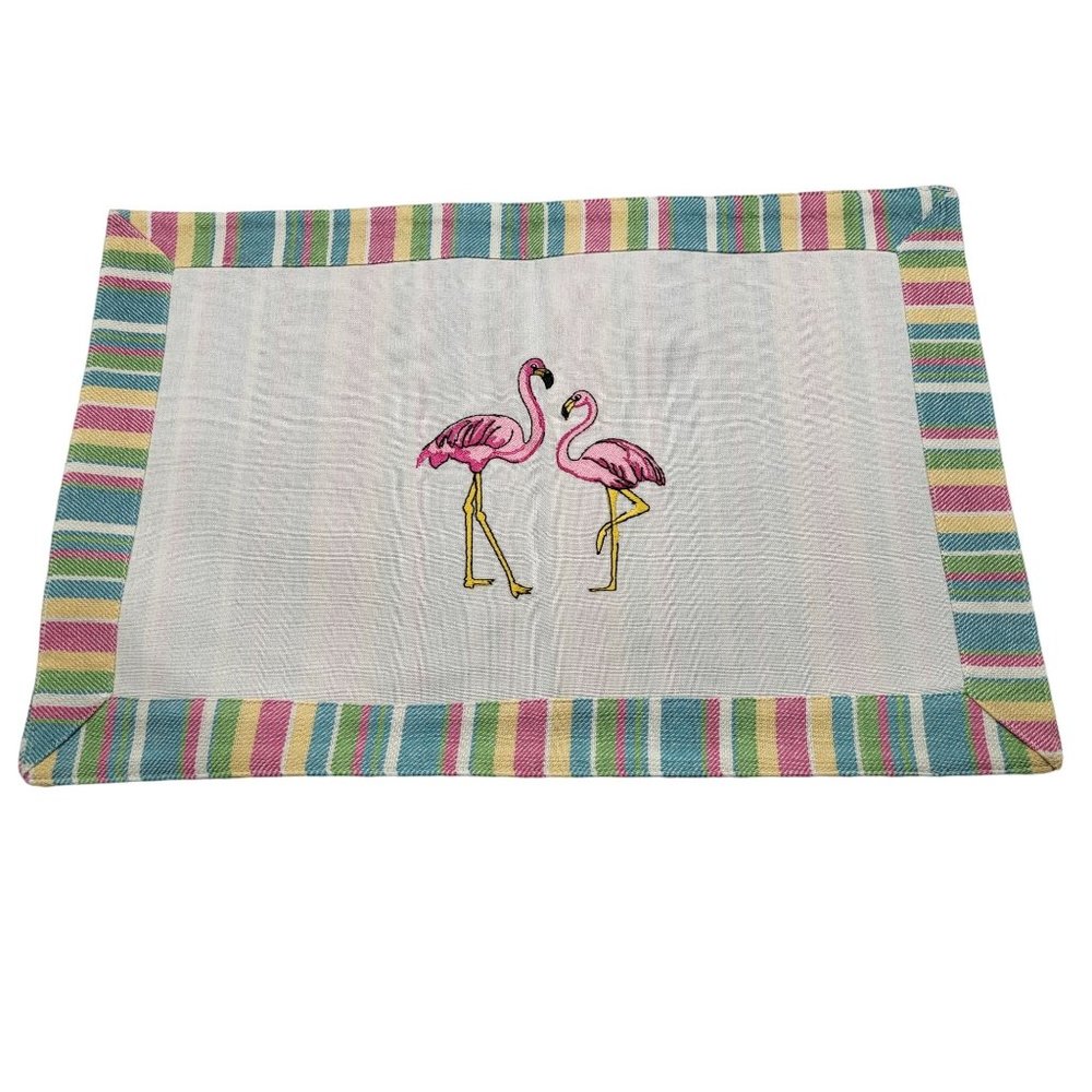 Lenox Rectangular Cotton Placemats x 2 Stripes Beachy Flamingo Coastal HTF - Picture 2 of 8